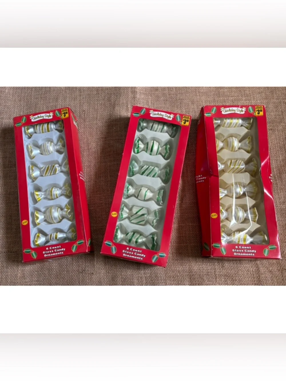 Vintage Wrapped Candy Glass Ornament Set Christmas Holiday Retro Twee Fun